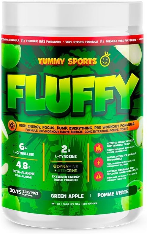Yummy Sports Fluffy Intense Pre-Workout Powder - Explosive Energy, Laser Focus, and Intense Muscle Pump - L-Citrulline, Beta-Alanine, TeaCrine & Dynamine - Boost Stamina, Endurance, and Performance - Green Apple - 30 Servings