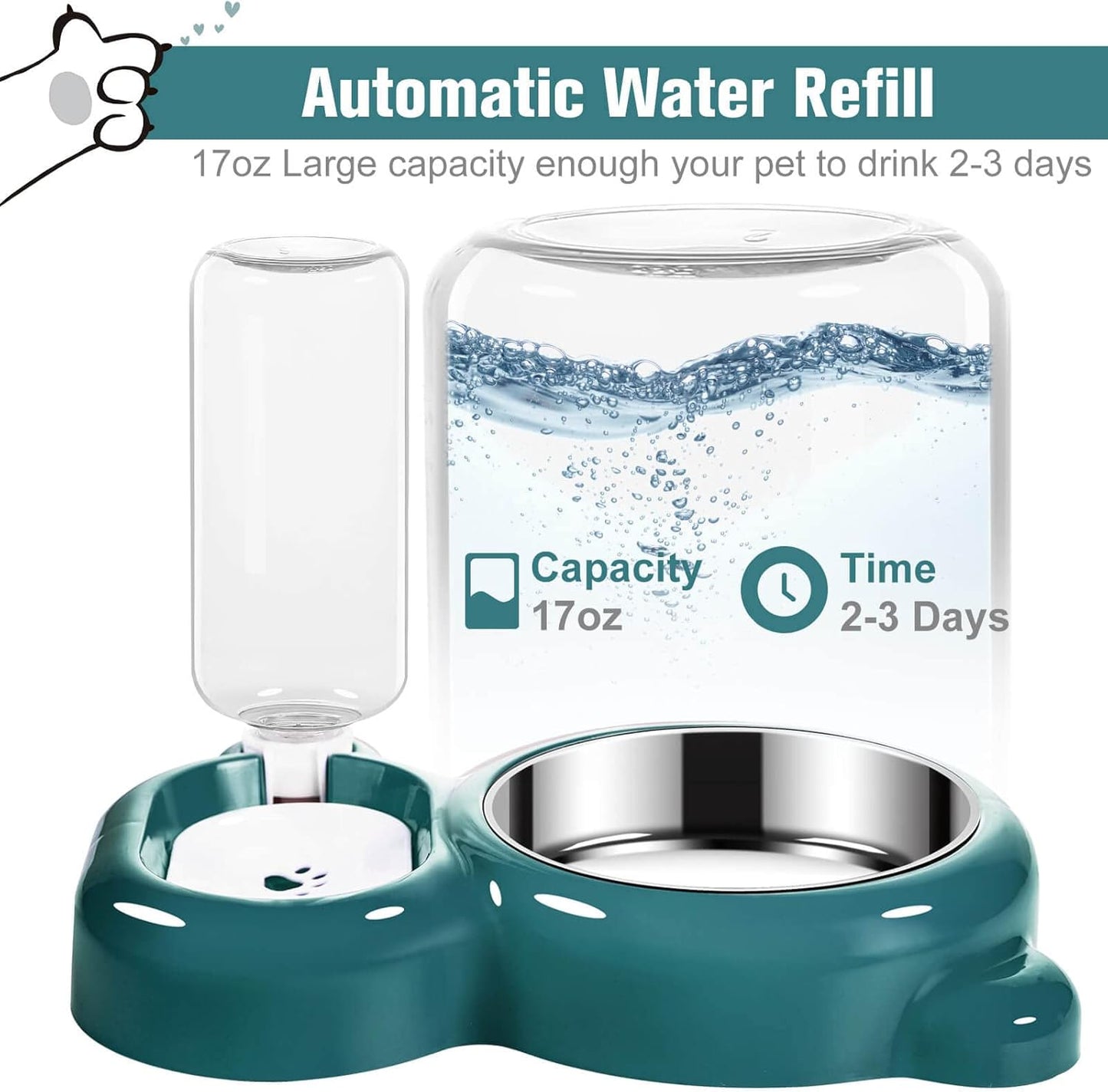 Azwraith Dog Bowl Set, Cat Food and Water with Water Dispenser and Stainless Steel Bowl for Cats and Small Dogs, Dark Green