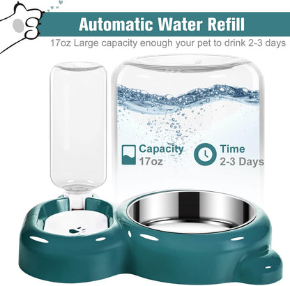 Azwraith Dog Bowl Set, Cat Food and Water with Water Dispenser and Stainless Steel Bowl for Cats and Small Dogs, Dark Green