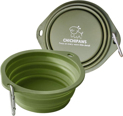 CHICHIPAWS Dog Bowls for Travel, 2-Pack Pet Collapsible Bowls for Cats Dogs, Portable Pet Feeding Watering Dish for Walking Parking Traveling with 2 Carabiners, BPA Free (Green, Large)