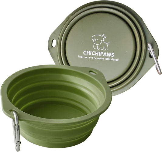 CHICHIPAWS Dog Bowls for Travel, 2-Pack Pet Collapsible Bowls for Cats Dogs, Portable Pet Feeding Watering Dish for Walking Parking Traveling with 2 Carabiners, BPA Free (Green, Large)