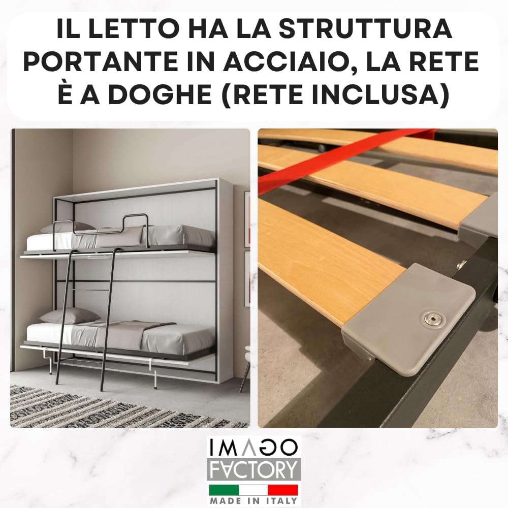 IMAGO FACTORY Kendo Double – Folding Single Bed with 2 Concealed Beds (L.200 P.106 H.191) Horizontal Fold-Out Bed 100% Made in Italy (Mattresses Not Included, Ash White)