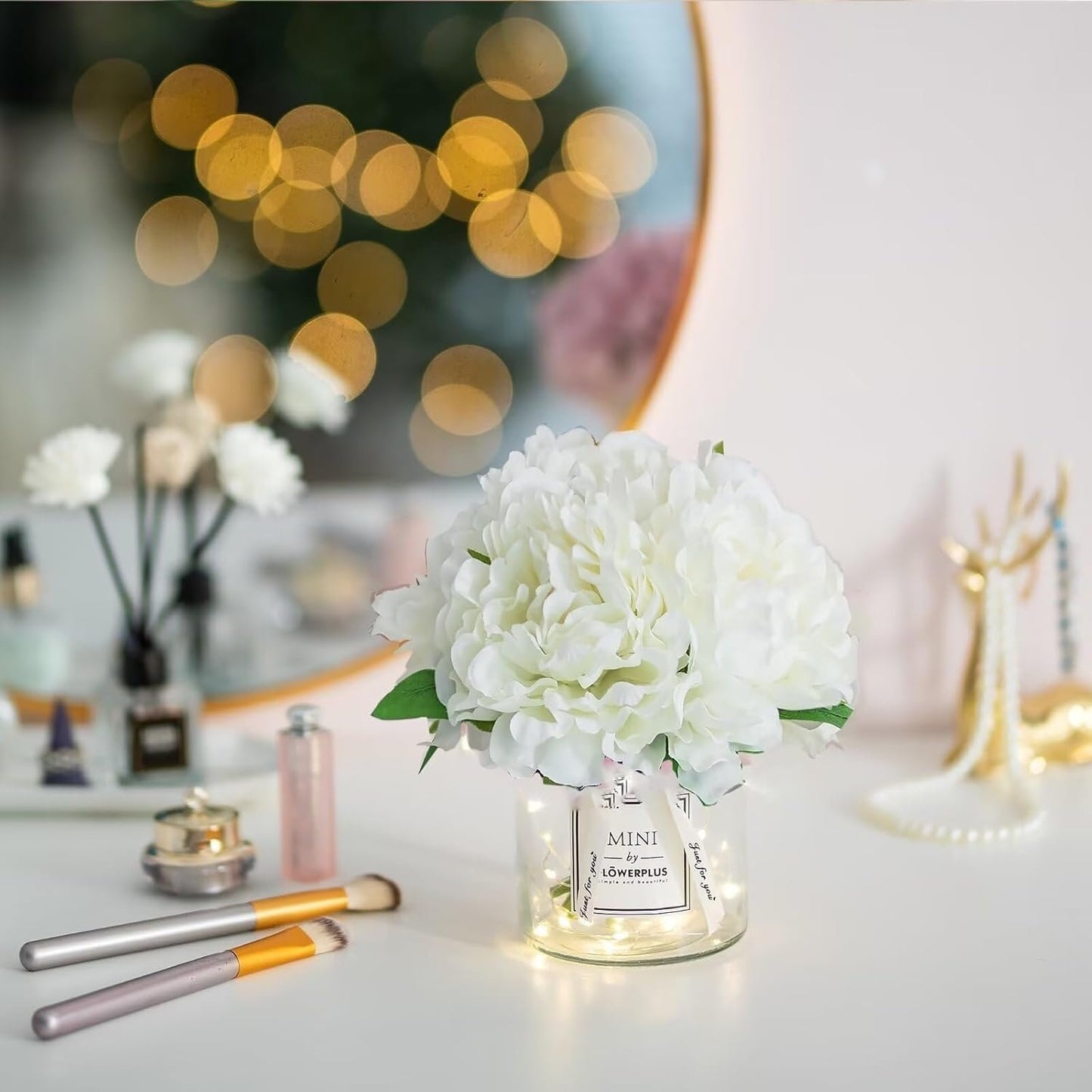 White Fake Flowers with Vase: Blosmon Small Coffee Table Decor Bathroom Peony Faux Flowers in Vase Office Desk Shelf Home Living Room Bedroom Vanity nightstand Decorations Floral Arrangement