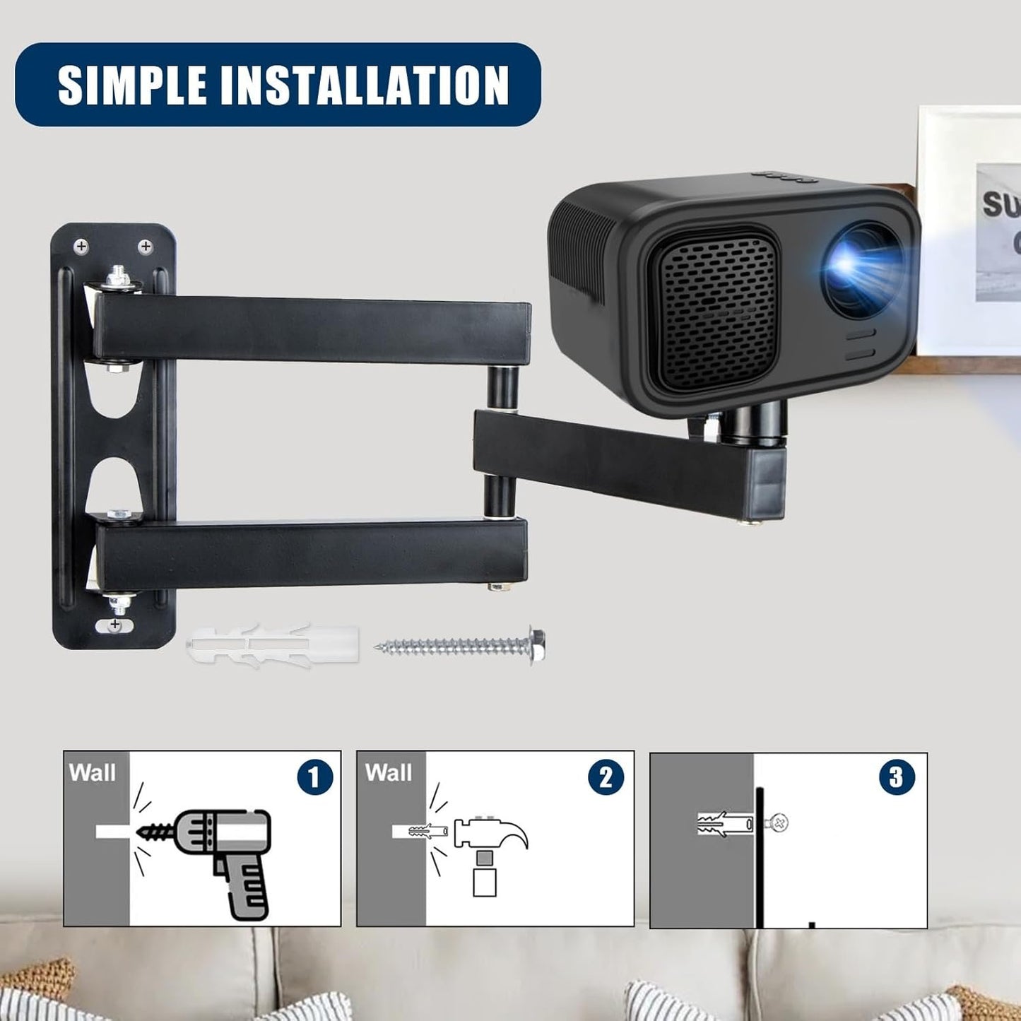 letuxaamz Wall Projector Stand, Three Arms Metal Multi-Angle Adjustable Projector/Monitor Mount with 1/4 Inch Screw Interface Articulated Arm