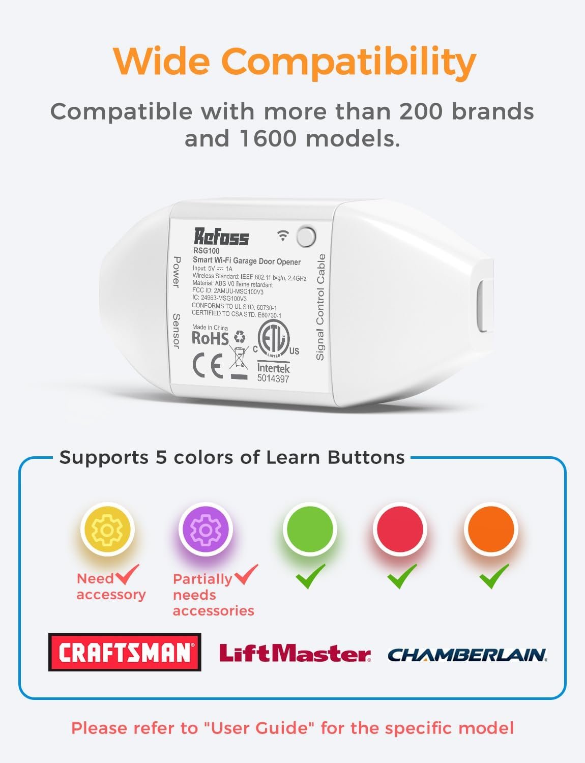 Refoss Smart Wi-Fi Garage Door Opener, Compatible with Apple HomeKit, Siri, Alexa & Google Assistant, Carplay, App Remote Control, Support 2.4GHz WiFi Only