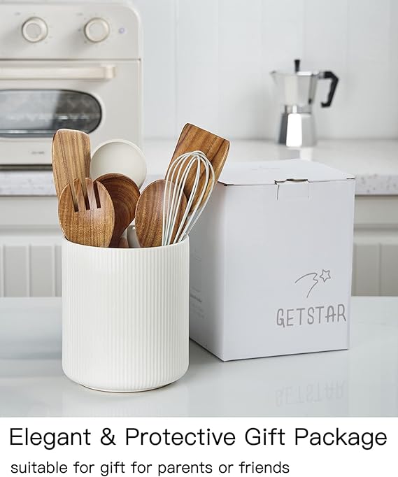 Getstar Large Kitchen Utensil Holder for Kitchen Counter (H7.2” x W6.2”), Ceramic Cooking Utensil Holder with Cork Mat, Kitchen Decor (White, Utensils Not Included)