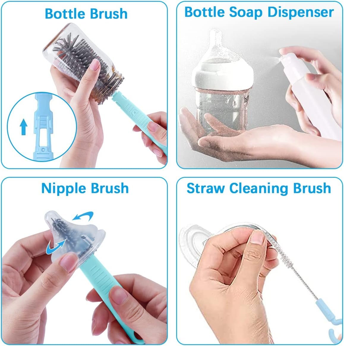 Portable Baby Bottle Brush Travel Set Cleaner, Travel Bottle Cleaning Kit Baby Essentials Newborn Silicone Nipples Cleaning Brushes and Portable Baby Bottle Drying Rack Set Mini Washing Kit Cleaner