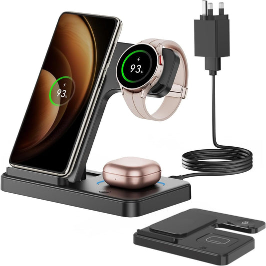 GEEKERA Wireless Charger for Samsung, 3 in 1 Foldable Wireless Charging Station for Samsung Galaxy S24 Ultra Plus S23 S22 S21 S20, Z Flip/Fold 5 4 3, Watch 6 5 4 3 Active, Buds 2 Pro/Live, Android