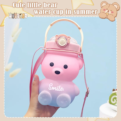 UPZAI Cute Bear Water Bottle: 32oz Kawaii Kids Water Bottles with Strap and Straw - Leak-proof Plastic Drinking Cups for Girls Women School Sports Camping Picnic Hiking Travel (Pink-blue)