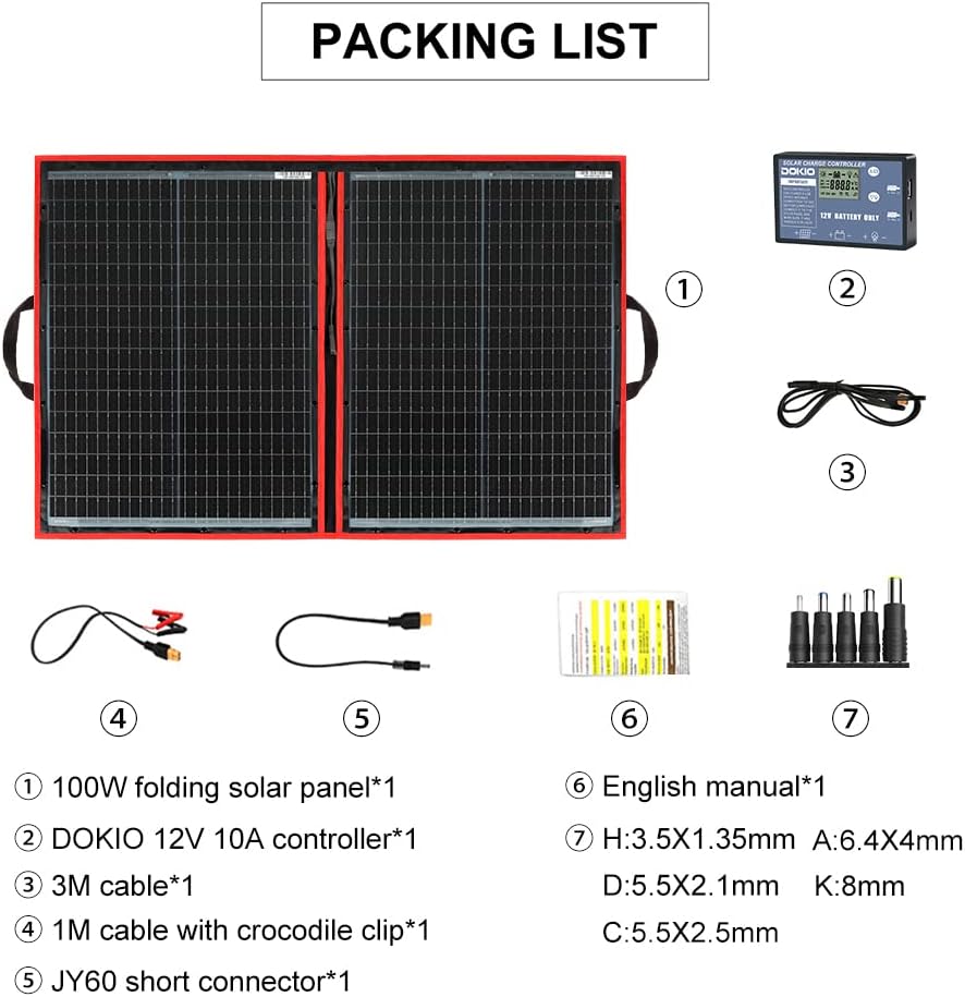 DOKIO 110W 18V High-Efficiency Monocrystalline Foldable Solar Panel Kit with Integrated Charge Controller High Conversion Efficiency for Solar Generator Camping Balcony RVs Off-Grid