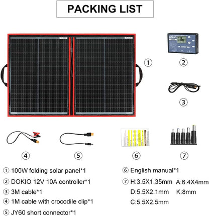 DOKIO 110W 18V High-Efficiency Monocrystalline Foldable Solar Panel Kit with Integrated Charge Controller High Conversion Efficiency for Solar Generator Camping Balcony RVs Off-Grid