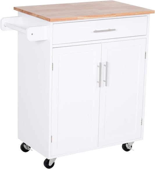 HOMCOM Rolling Kitchen Island Cart with Wood Top, Enough Storage Drawer Space with Towel Bar Rack Shelves, Portable Kitchen Utility Serving Cart Trolley on Wheels (White)