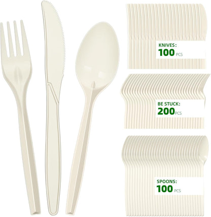 Compostable Cutlery Set 400 Pack Disposable Cutlery- 200 Forks 100 Spoons 100 Knives 7 Inch Biodegradable Utensils Set Heavy Duty Biodegradable Cutlery (Cornstarch, 400pcs Cutlery)