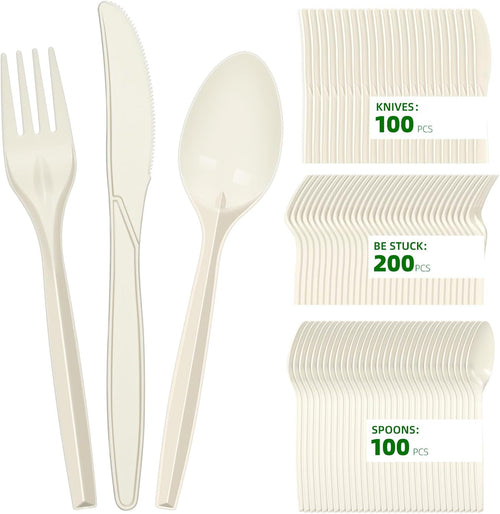 Compostable Cutlery Set 400 Pack Disposable Cutlery- 200 Forks 100 Spoons 100 Knives 7 Inch Biodegradable Utensils Set Heavy Duty Biodegradable Cutlery (Cornstarch, 400pcs Cutlery)