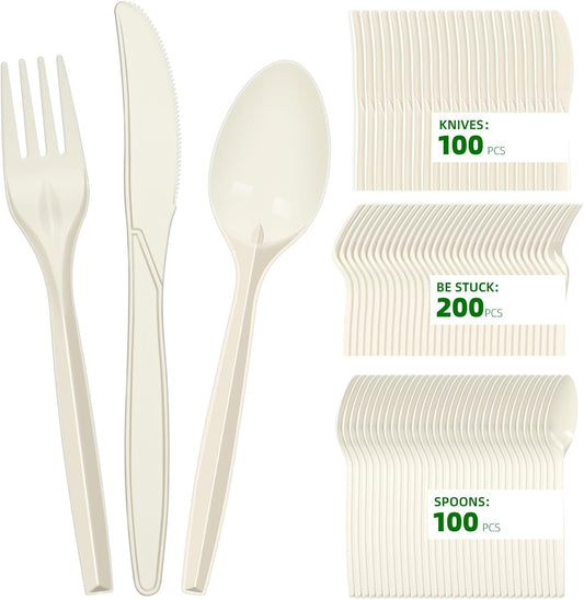 Compostable Cutlery Set 400 Pack Disposable Cutlery- 200 Forks 100 Spoons 100 Knives 7 Inch Biodegradable Utensils Set Heavy Duty Biodegradable Cutlery (Cornstarch, 400pcs Cutlery)