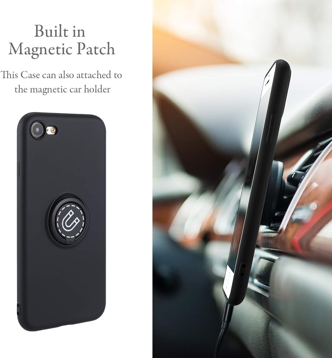 UEEBAI Case for Apple iPhone SE 2022 5G/iPhone 7/iPhone 8/iPhone SE 2020 (4.7 inches), Slim Liquid Silicone Phone Case with Ring Holder Kickstand Magnetic Car Mount Cover for iPhone SE3/SE2- Black