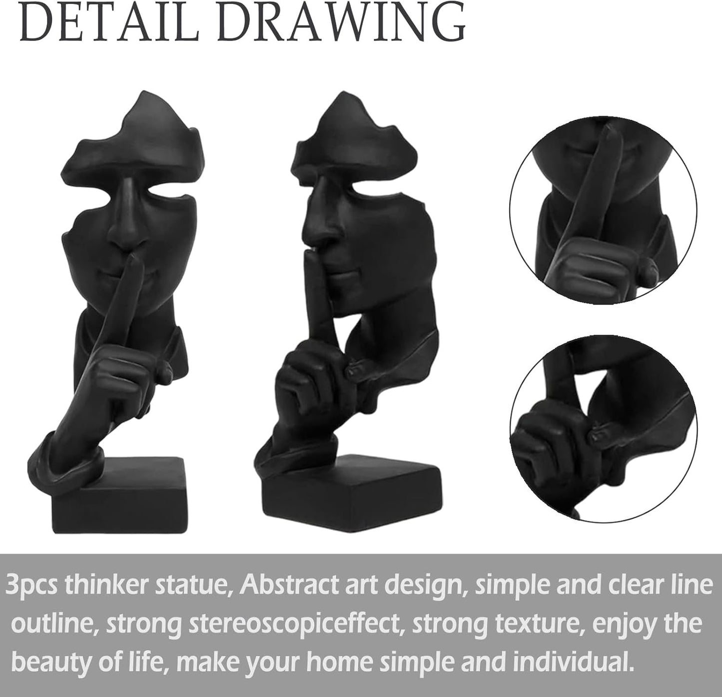 aboxoo 3 Pcs Thinker Statue, Silence is Gold Abstract Art Figurine,No Hear No See No Speak,Modern Resin Sculptures Decorative Objects Home Decor for Living Room,Office Bookshelf,Desktop(Black)