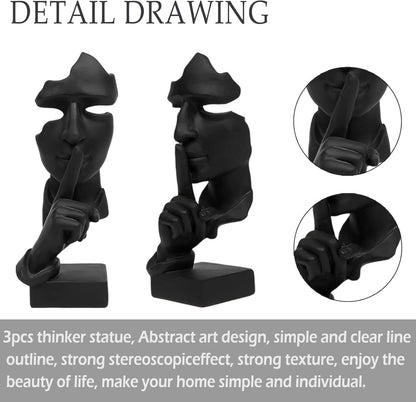 aboxoo 3 Pcs Thinker Statue, Silence is Gold Abstract Art Figurine,No Hear No See No Speak,Modern Resin Sculptures Decorative Objects Home Decor for Living Room,Office Bookshelf,Desktop(Black)