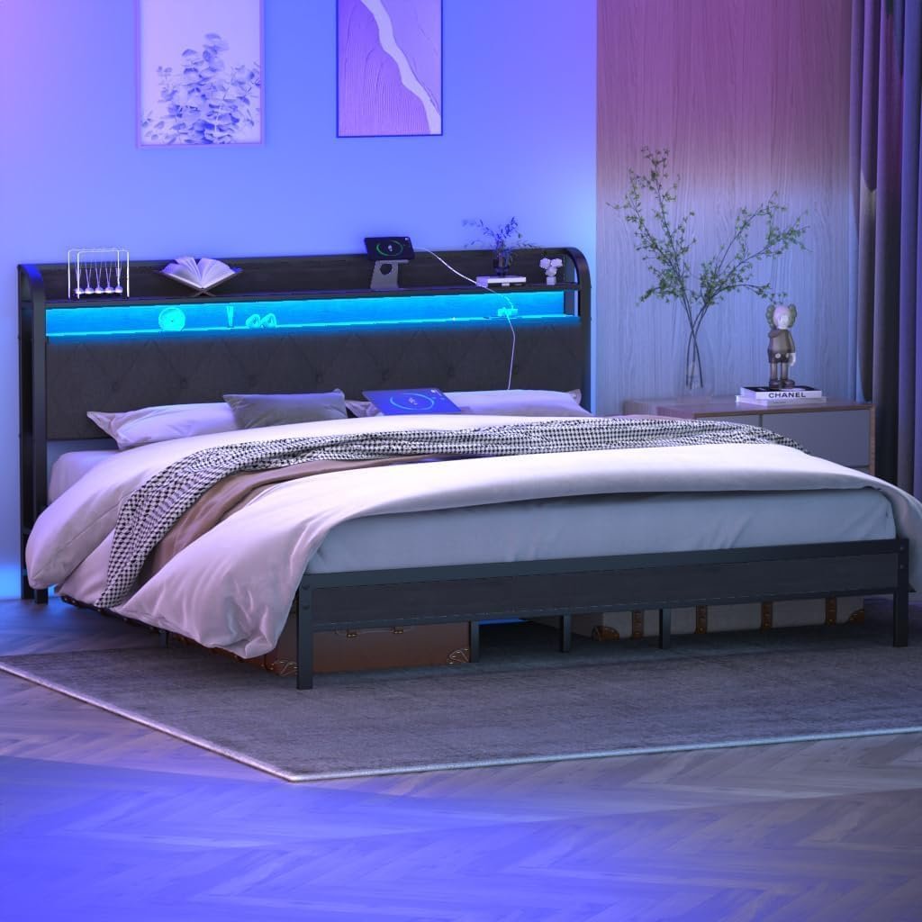 Bed Frame with Charging Station and LED Lights King Size,Upholstered Headboard with Storage Shelves(Dark Grey) Noise Free，Easy Assembly，No Box Spring Needed，Sturdy，Black+Rustic+ Brown
