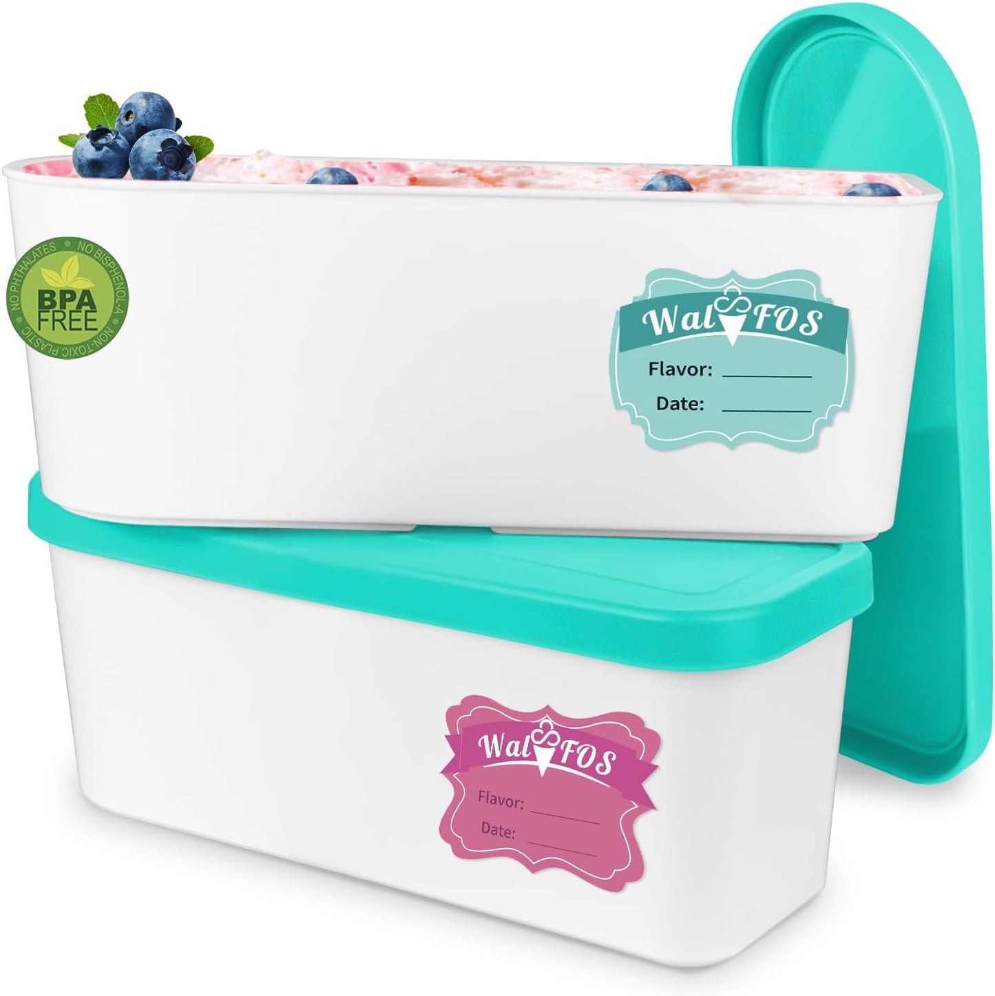Walfos Ice Cream Containers - 1.6 Quart, Reusable Homemade Ice Cream Tubs with Lids, Stackable Freezer Storage Container for Yogurt, Sorbet, Gelato, Bonus 2 Bands, 12 Stickers, Teal