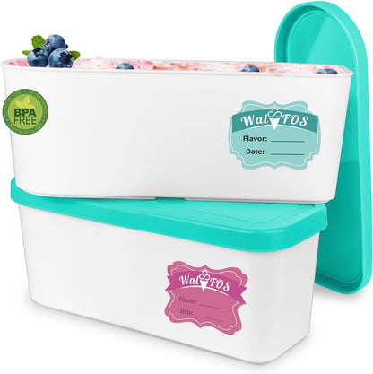Walfos Ice Cream Containers - 1.6 Quart, Reusable Homemade Ice Cream Tubs with Lids, Stackable Freezer Storage Container for Yogurt, Sorbet, Gelato, Bonus 2 Bands, 12 Stickers, Teal