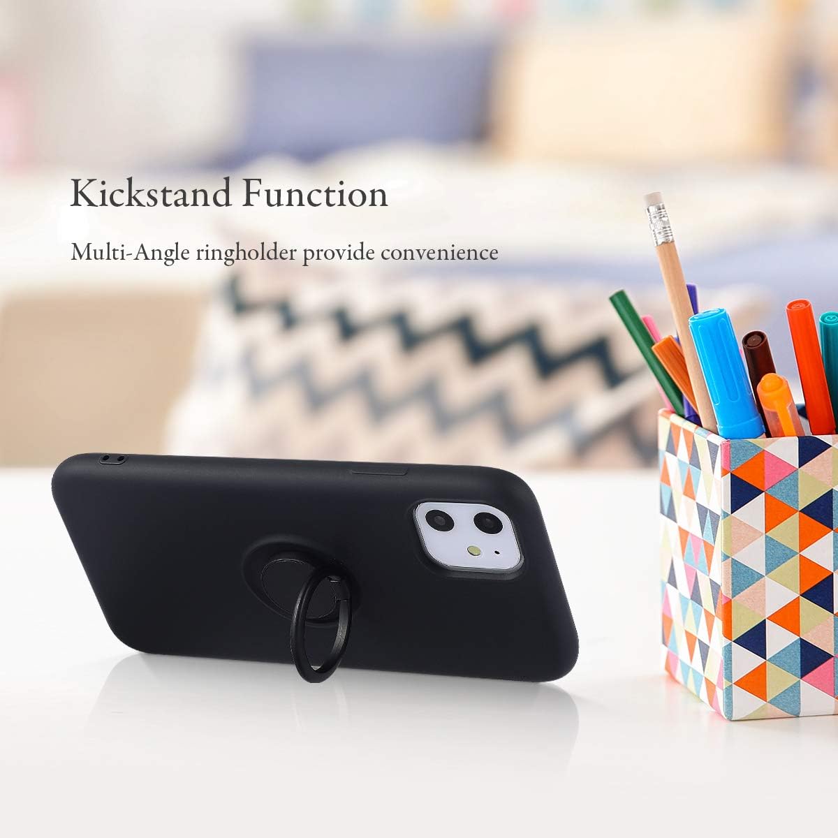 UEEBAI Case for iPhone 11, Slim Liquid Silicone Phone Case with 360 Rotatable Ring Holder Kickstand wtih Magnetic Car Mount Gel Rubber Shockproof TPU Bumper Case Cover for iPhone 11 6.1 - Black