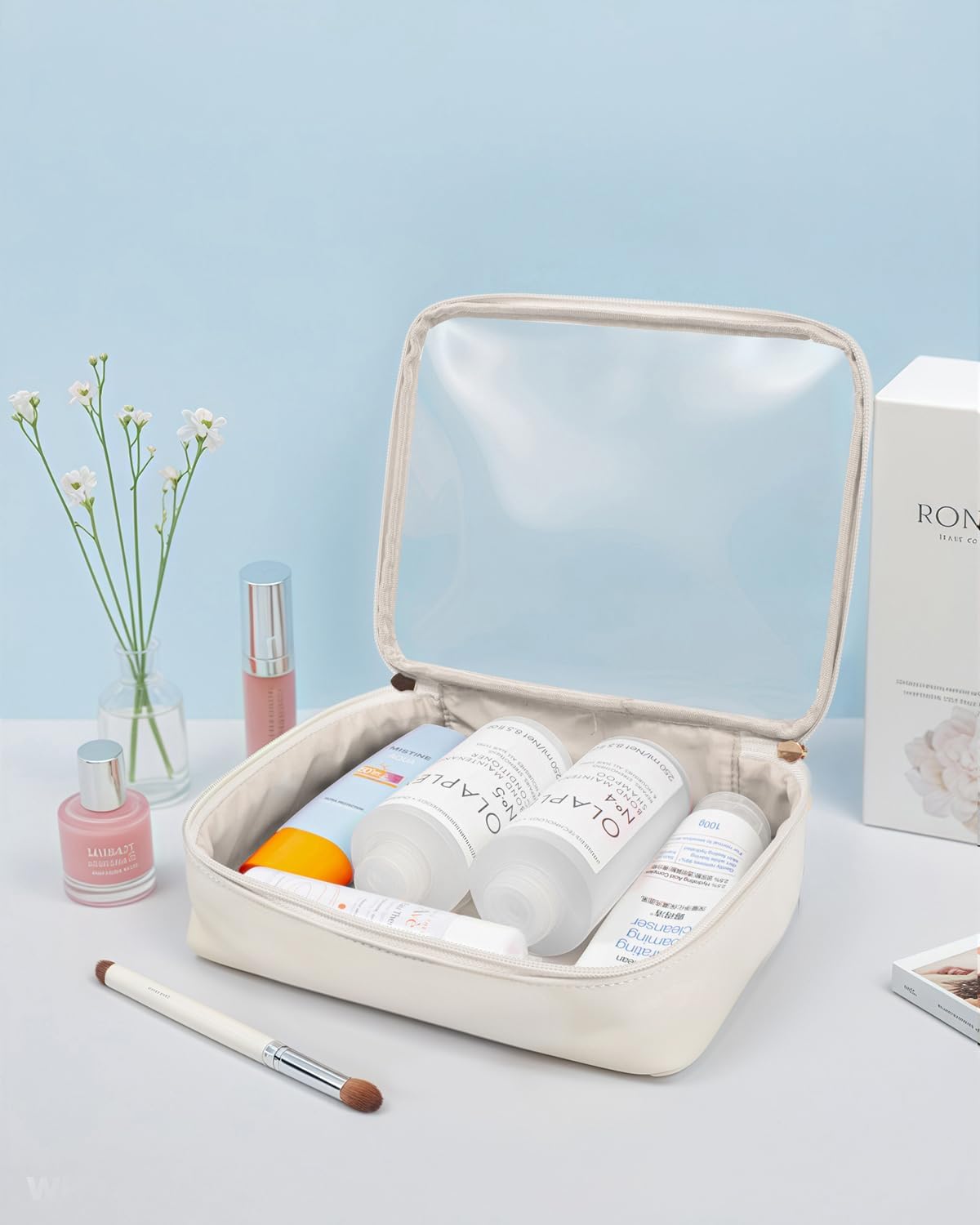 LETGO Clear Makeup Bags Set - TSA Approved Toiletry Bag, Travel Size Toiletries Clear Cosmetic Bags Pink Car Accessories for Women Men (Large Mini White)