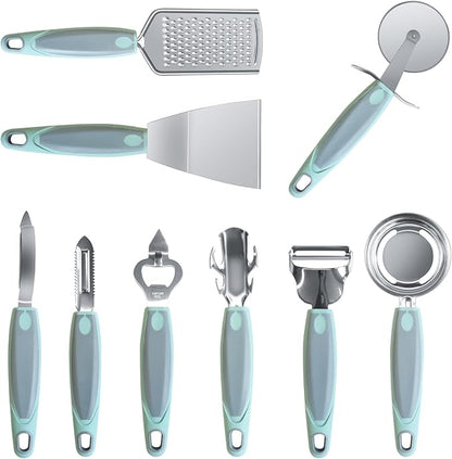 Stainless Steel Kitchen Gadget Set, HIFIND 9 PCS Cooking Gadgets Tools Set with Soft Touch Handles, Pizza Cutter, Peeler, Cheese Grater, Bottle Opener, Egg Separator, Grill Spatula, Holding Clamp