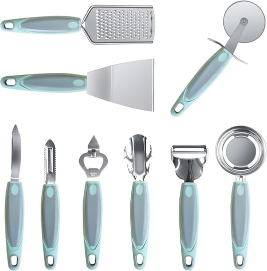 Stainless Steel Kitchen Gadget Set, HIFIND 9 PCS Cooking Gadgets Tools Set with Soft Touch Handles, Pizza Cutter, Peeler, Cheese Grater, Bottle Opener, Egg Separator, Grill Spatula, Holding Clamp