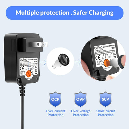 15W Universal AC Adapter 3V 4.5V 5V 6V 7.5V 9V 12V 0.5A 1A 1.25A MAX Multi Voltage Switching Power Supply Replacement for Household Electronics Routers CCTV IP Cameras Smartphone Speakers
