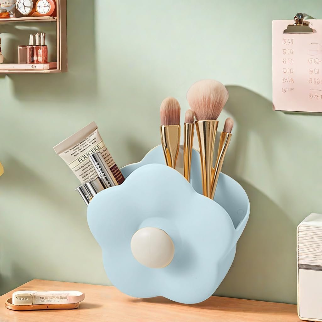 Flower-shaped Pen Holder for Desk,Multifunctional Plastics Makeup Brush Holder Cute Desk Accessories pen organizer for Home Office Table Decor .(Blue)