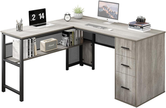LVB Reversible Gray L Shaped Corner Desk, Farmhouse Wood Computer Desk with File Drawers Cabinets, Large Work Study Executive Home Office Desk with Storage Shelves for Bedroom, Light Grey Oak, 59 Inch