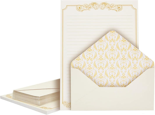 Vintage Style Letter Writing Kit with 60 Sheets of Gold Border Paper and 30 Envelopes for Letters, Valentine's (7.25 x 10 in)