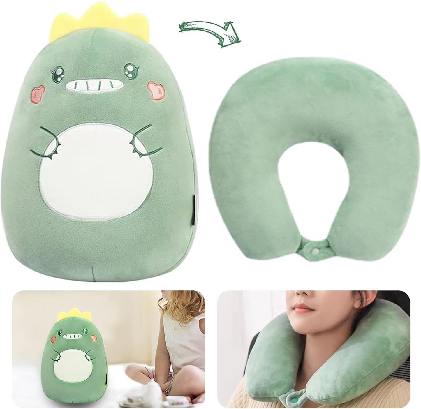 Travel Pillow, Neck Pillow, 2-in-1 Travel Pillow, U-Shaped Neck Pillow, Foam Pillow, Animal Pillow, Comfortable Neck Pillow, Travel Pillows for Sleeping Airplane, Car (Green Dinosaur)