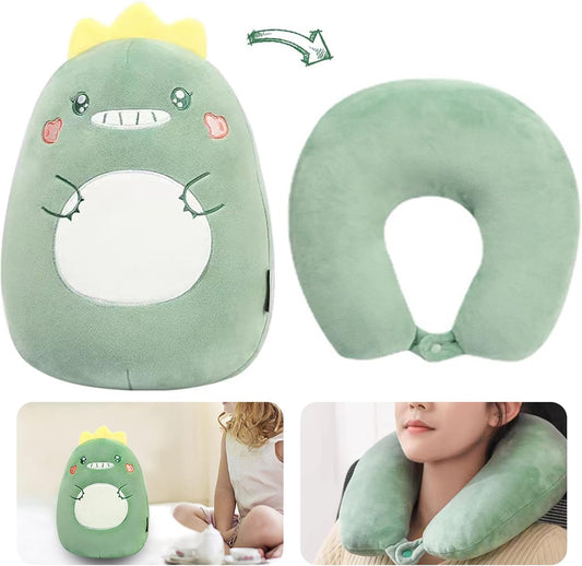 Travel Pillow, Neck Pillow, 2-in-1 Travel Pillow, U-Shaped Neck Pillow, Foam Pillow, Animal Pillow, Comfortable Neck Pillow, Travel Pillows for Sleeping Airplane, Car (Green Dinosaur)