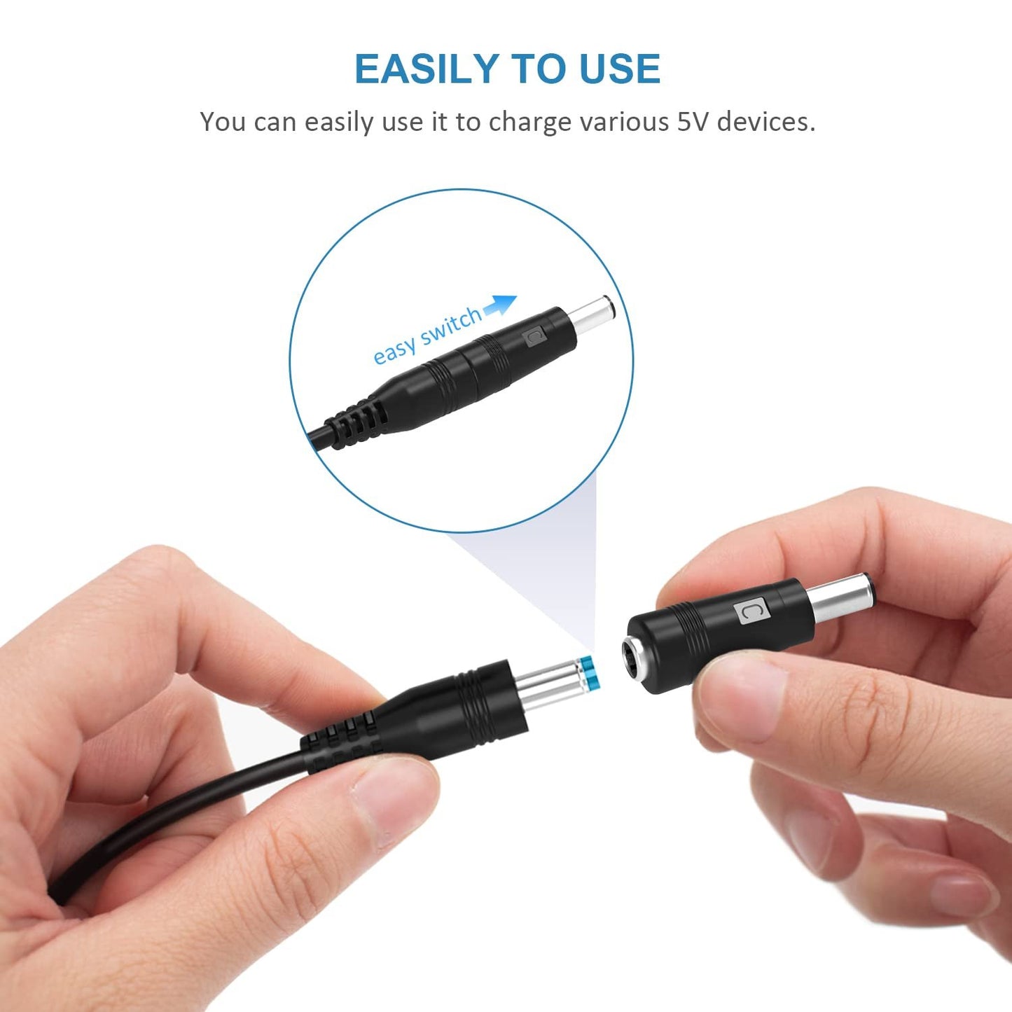 Powseed 5V DC Power Cable, USB to DC Plug Charging Cord with 10 Adapter Plugs to Charge Moon Lamp, LED Pixel Light, USB-HUB, Mini Fan, Camera, Cartoon Watch, Mobile Phone, Power Bank