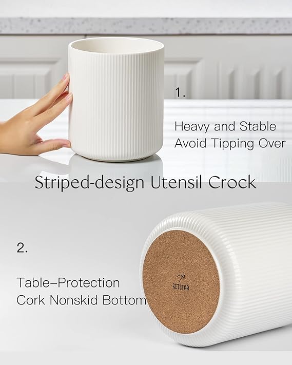 Getstar Large Kitchen Utensil Holder for Kitchen Counter (H7.2” x W6.2”), Ceramic Cooking Utensil Holder with Cork Mat, Kitchen Decor (White, Utensils Not Included)