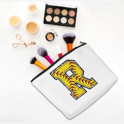 Initial Makeup Bag Monogrammed Cosmetic Bag Yellow Letter R Zipper Pouch Softball Accessories for Girls Women Player Coach Friend Graduation Birthday Gifts