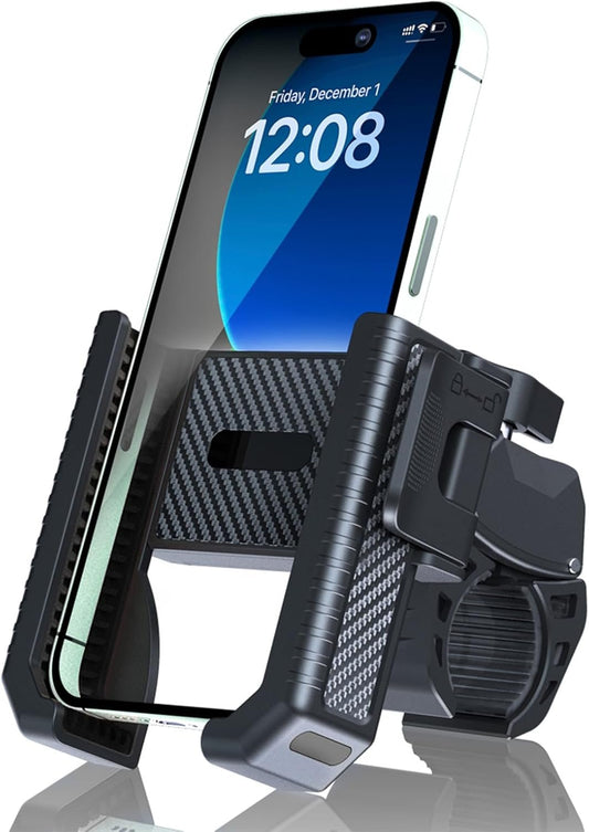 Motorcycle Phone Mount Holder - Camera Friendly、1s Lock Bike Phone Holder Handlebar Clamp, Bicycle Scooter Phone Clip, for iPhone 16 Pro Max, 15 14, 2.68~3.86" Wide Phones (Black)