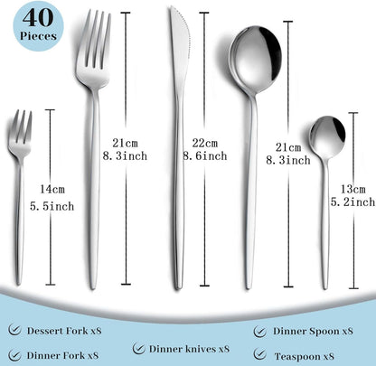 Pleafind 40-Pieces Silverware Sets for 8, Silver Polished Cutlery Set, Stainless Steel Flatware Set, Include Forks Spoons and Knives Set, Dishwasher Safe Utensil Sets for Home Restaurant