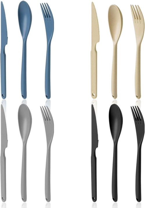 JIABEIUS Large Knives Spoons and Forks Set, 12pcs Reusable Plastic Utensils, Cutlery Set for Lunch Travel School Picnic Camping or Daily Use