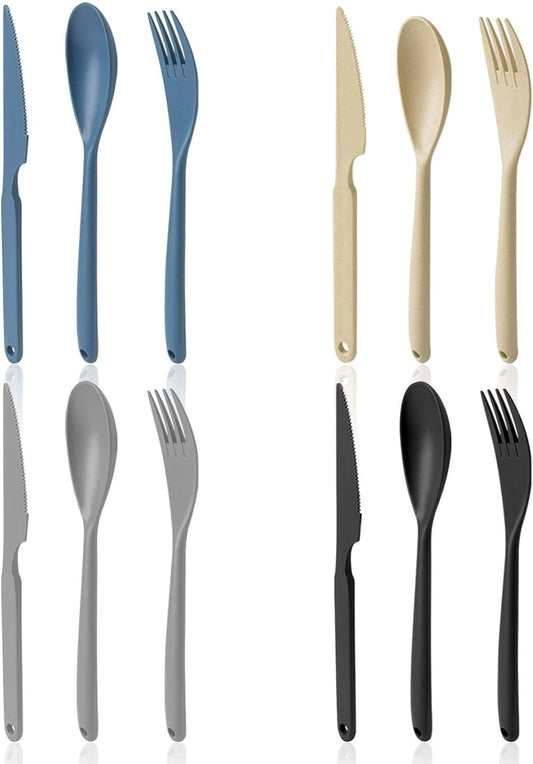 JIABEIUS Large Knives Spoons and Forks Set, 12pcs Reusable Plastic Utensils, Cutlery Set for Lunch Travel School Picnic Camping or Daily Use