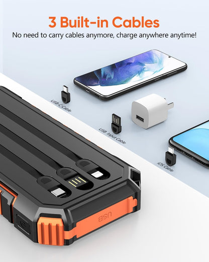 Riapow Solar Charger Power Bank - 27000mAh Portable Phone Charger with Built-in USB Cables 3.0A Fast Charge Battery Pack, 5 Outputs & 2 Inputs for Smartphone, Tablet