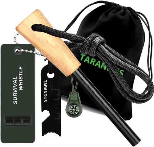 Ferro Rod Fire Starter Survival Tool – 3/8" Thick Fire Steel with 20,000 Strikes – Waterproof Flint and Steel Kit, Ferro Rod with Striker Wood Handle, Lanyard, Compass, and Emergency Whistle