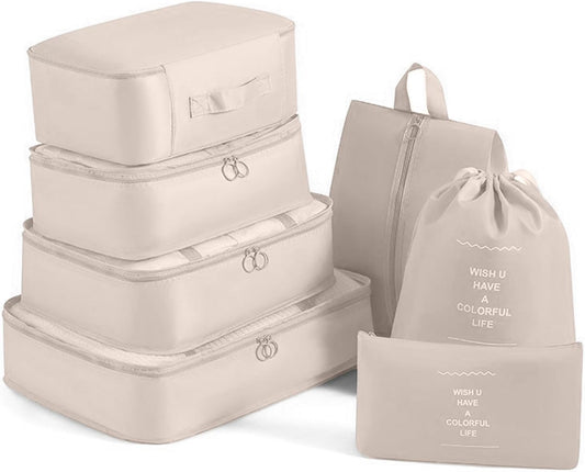 7 Lightweight Suitcase Organizer Suitcase Cubes Packing Cubes Travel Cubes Travel Organizers Clothing Organizers Sacks Storage Suitcase Set (Beige)