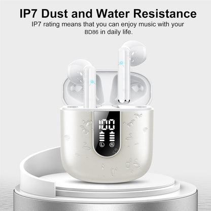 Wireless Earbuds, Bluetooth 5.3 Headphones HiFi Stereo, Mini in-Ear Bluetooth Earbuds, Wireless Earphones with 4 ENC Noise Cancelling Mic, IP7 Waterproof, LED Display, Touch Control Ear Buds, White
