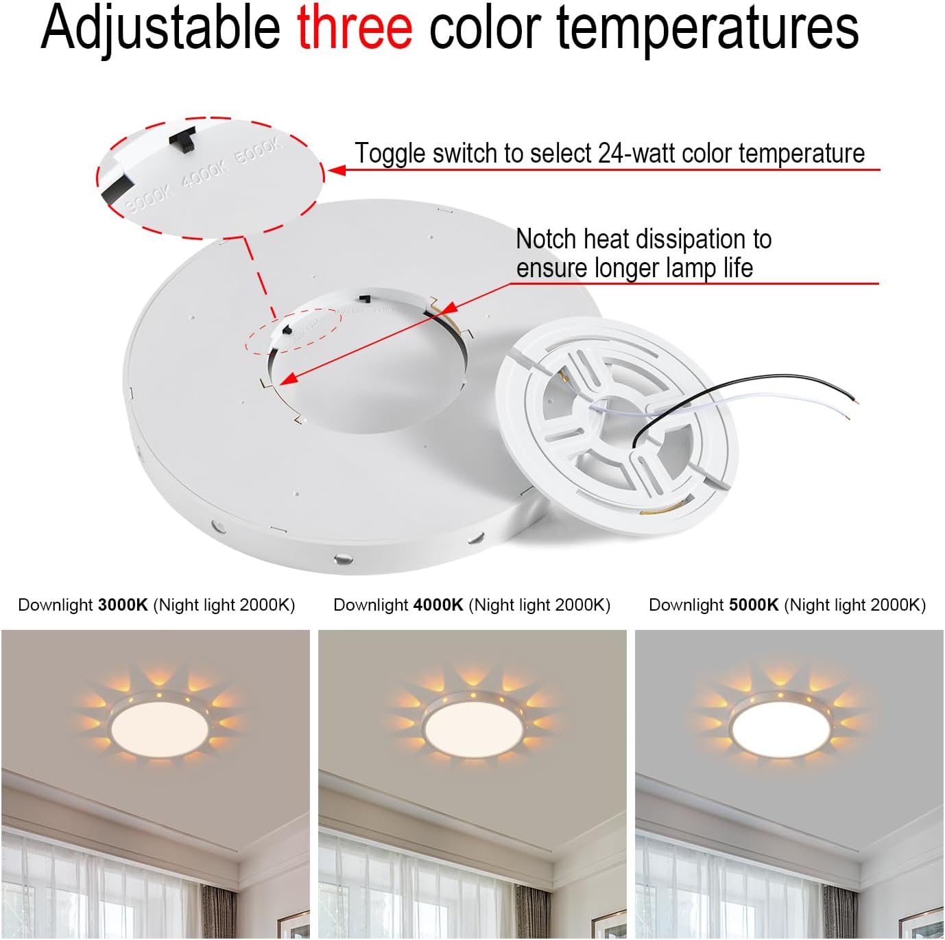 Dabulece 12 Inch 24W Flush Mount led Ceiling Light fixtures,3000K 4500K 6000K Modern Ceiling Lamp for Bedroom Boys Room