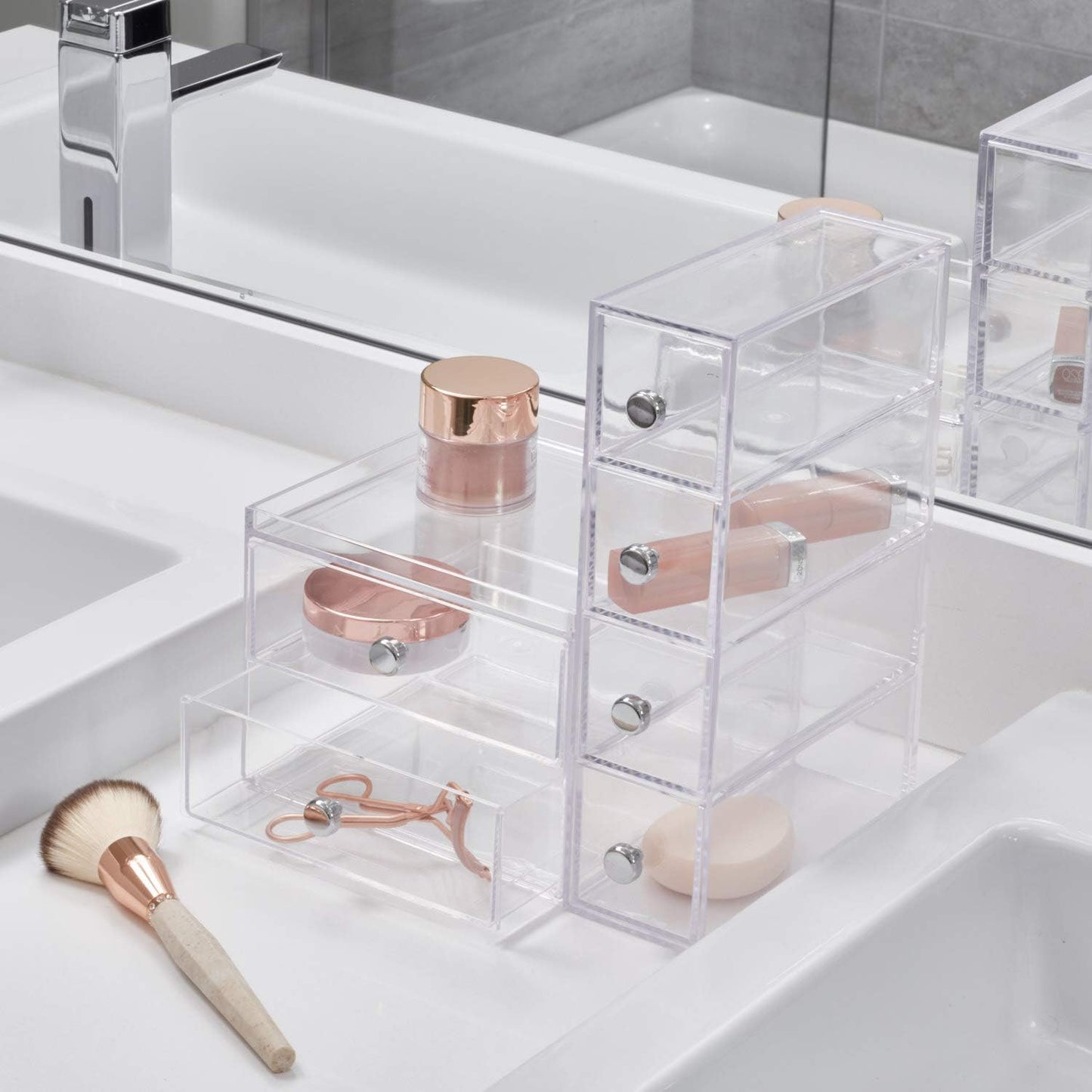 iDesign Makeup Organizer with 4 Drawers, Mini Drawer Makeup Organizer for Make Up, Cosmetics, Jewelry, Makeup Organizer with Plastic Swivel Drawers, Clear