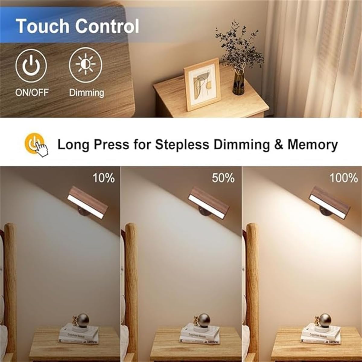 Generico 360 Rotation LED Wood Wall Lamps,Battery Operated Touch Control Wood Wall Sconces,Wireless Dimmable Wall Light,Magnetic Rechargeable Reading Light with 3 Color Temperature for Living Bedroom