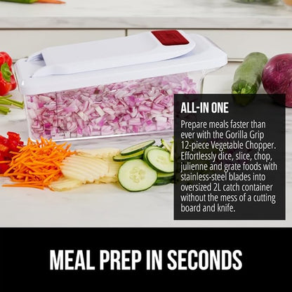 GORILLA GRIP Heavy Duty 12-in-1 Vegetable Chopper, 6 Blades, Food Choppers with Container, Cucumber Mandoline Slicer, Dice Onions, Slice Veggies, Chop Salad, Home Essential Kitchen Gadgets Tool, Red